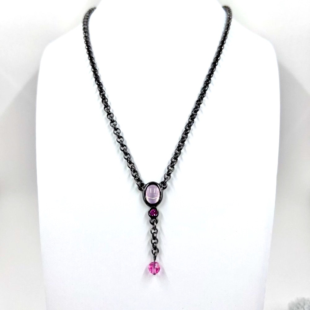 NWOT - Pink Jeweled & Beaded Y Style 14” Gunmetal Tone Chocker Necklace - Picture 3 of 6